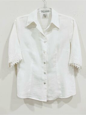 Peter Martin White 100% Linen Blouse 3/4 Sleeve with‎ Macrame Lace Trim Size 6